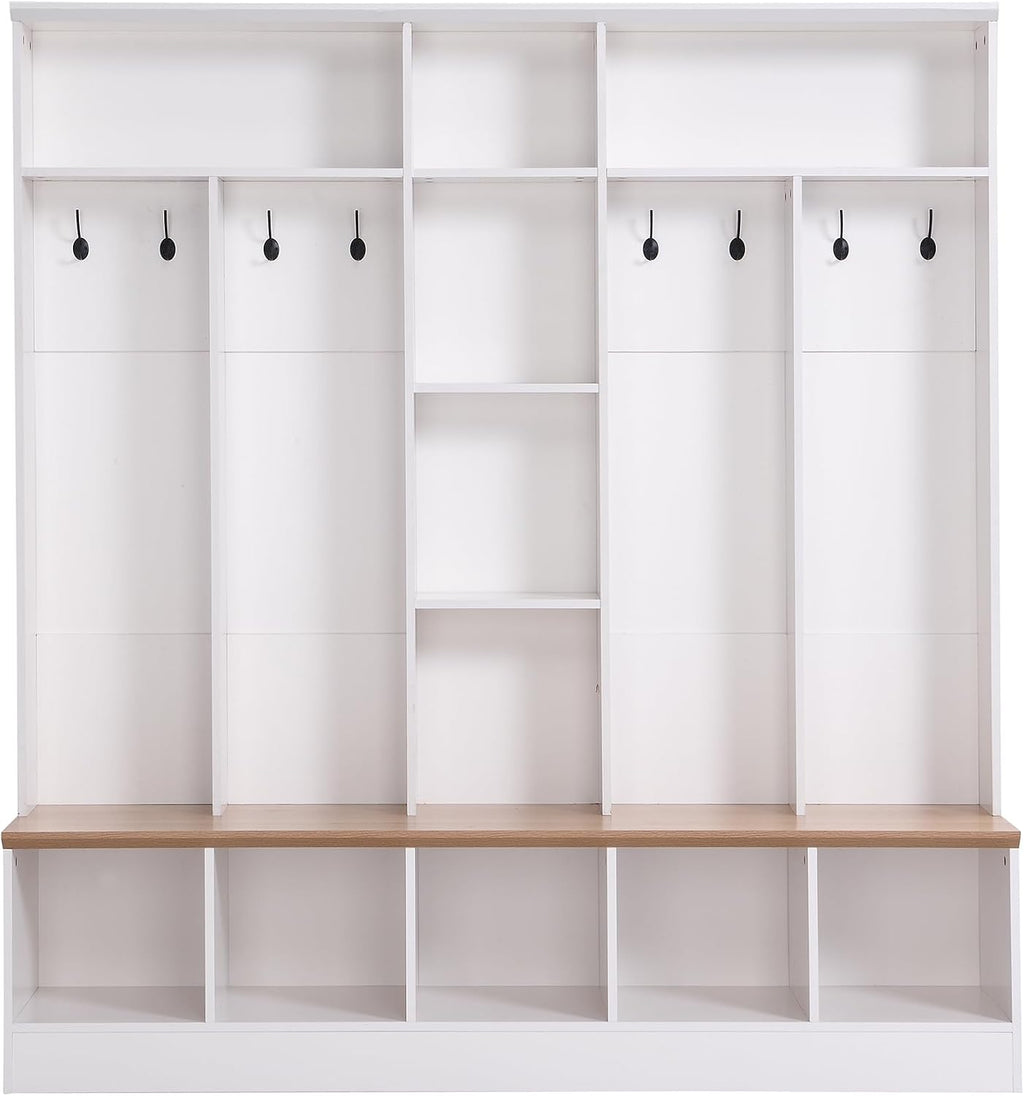 LUMISOL 4-in-1 Hall Tree with Shoe Bench, Cube Storage & Shelves, Wide Entryway Coat Rack with 8 Hooks for Mudroom Living Room, White