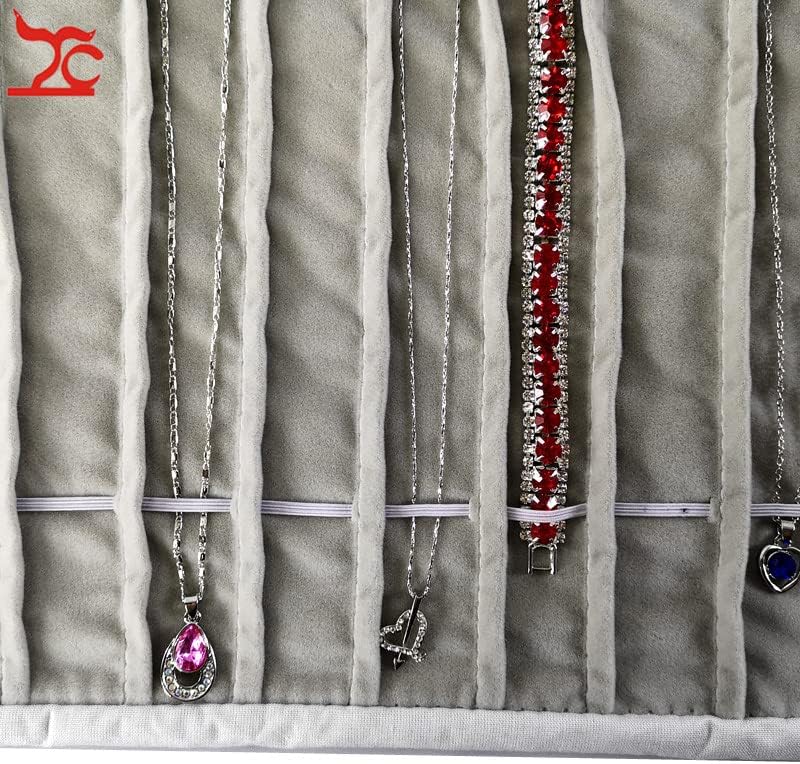 Portable Jewelry Roll Untangled Secure Necklace Travel Storage Bag Displays Holder 16 Chain (Black PU and gray velvet)