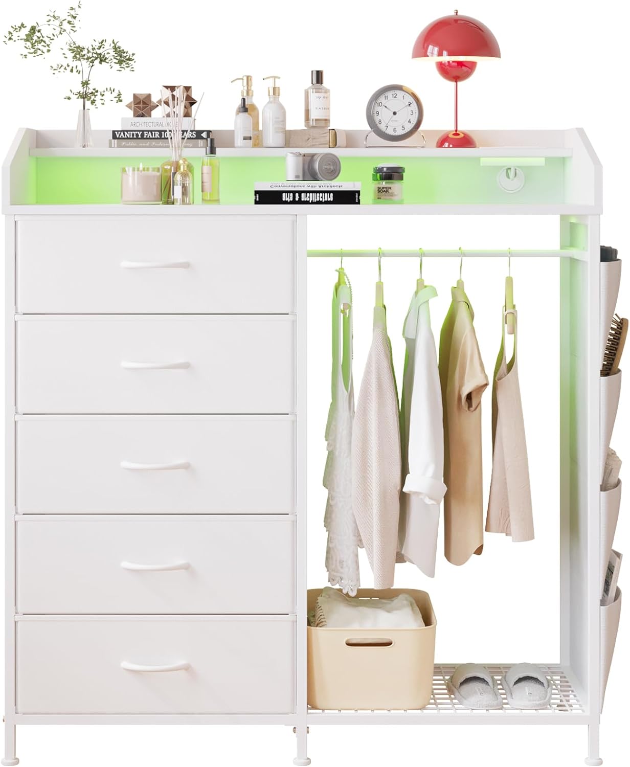 LUMTOK Modern 5 Dresser with LED Hanging Rack, Dresser with Clothes Rack, Hanger Rack, and Storage Drawers, Drawer Dressers with Coat Racks for Bedroom Living Room, Entryway, Closets (White)