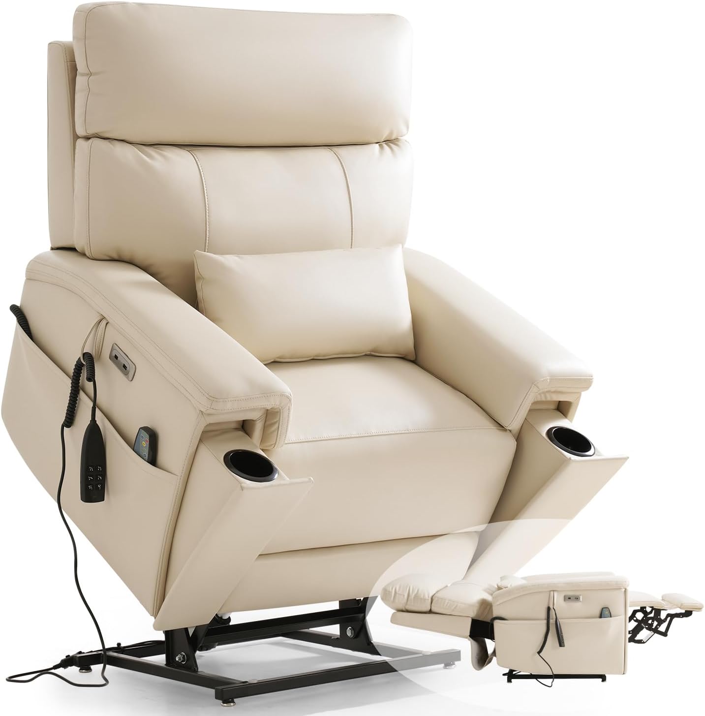 Triple Motor Power Lift Recliner Chair for Elderly, Lay Flat Lift Chair | Power Headrest, Vibration Massage & Heat, Infinite Position, Pockets & USB, Lumbar Pillow, Cup Holders, Premium Leather,Beige