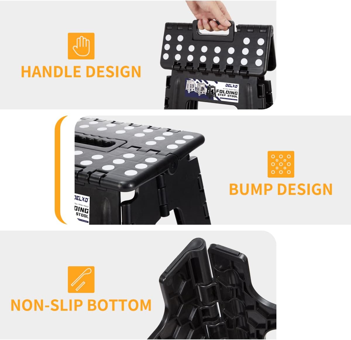 Delxo Folding Step Stool, Heavy Duty Foldable Stool for Adults,Premium Portable Collapsible Plastic Step Stool,Non Slip Folding Stools for Kitchen Bathroom Bedroom (16 inch+18 inch)