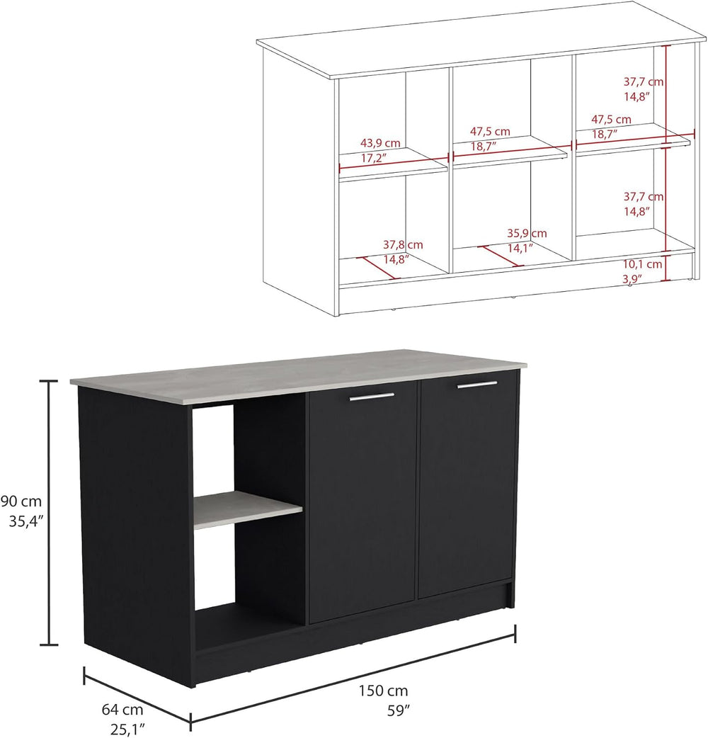 Kitchen Island with Large Top Surface and Double Door Cabinet Black/Ivory | I...