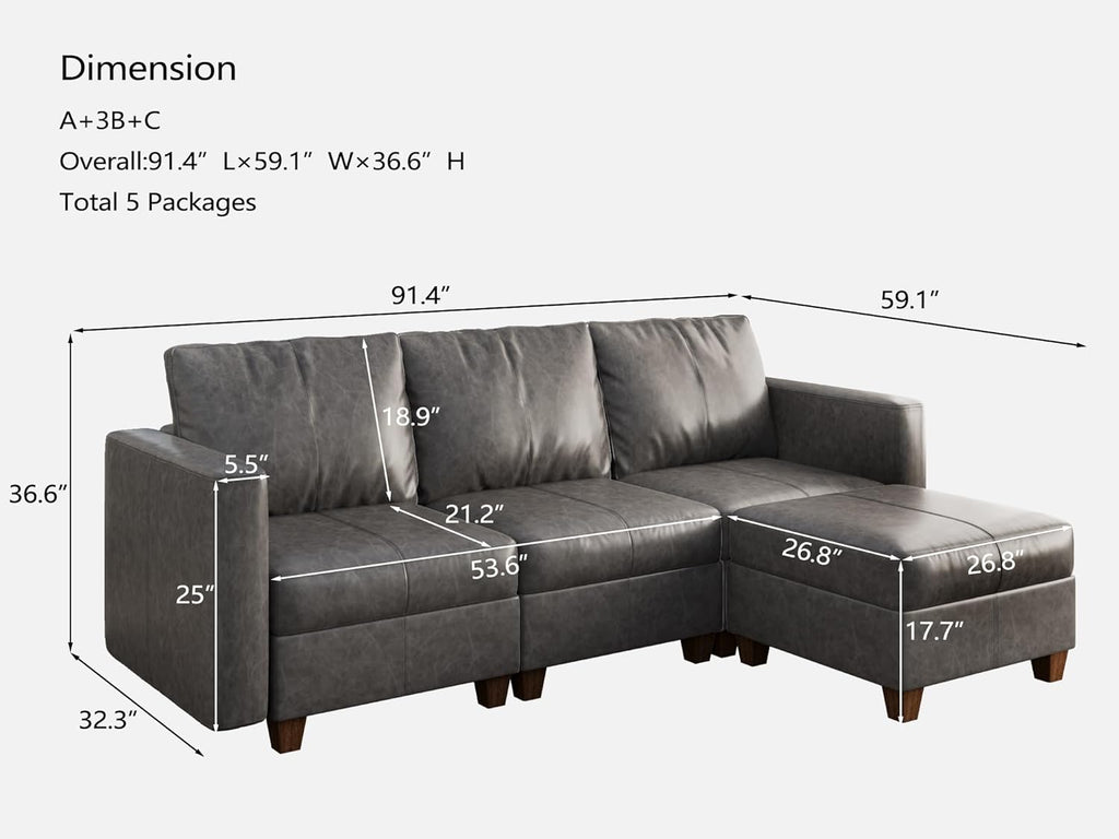 EASE MOOSE Faux Leather Modualr Sectional Couch with Storage,Gray Faux Leather Sectional Sofa Modular Couch