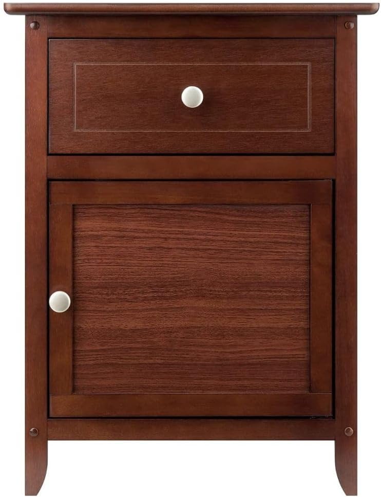 Wood Eugene Accent Table Walnut Finish Compact Side Table with Drawer and Cab...