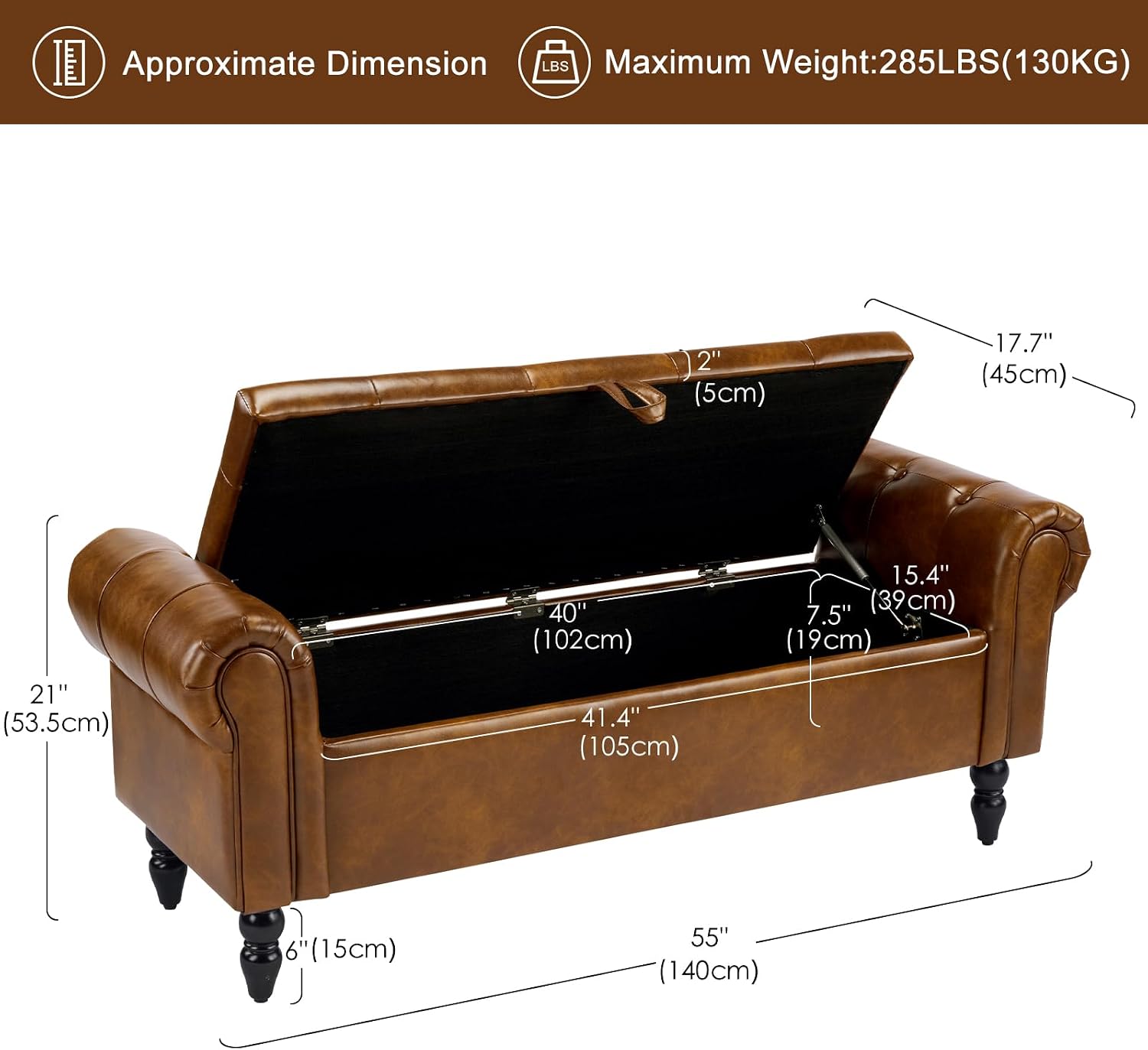 Furniliving 55” End of Bed Bench, Bedroom Bench with Button-Tufted, Large Upholstered Storage Ottoman Entryway Bench with Storage Shoe Cabinet Bench, for Bedroom, PU, YellowBrown