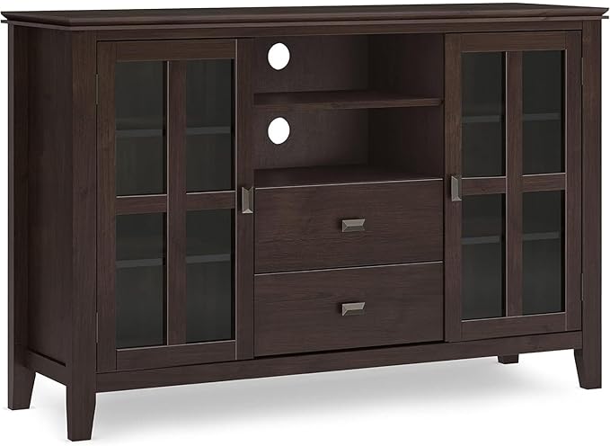 SIMPLIHOME Artisan TV Stand - 53 inch Wide Solid Wood Tall Media Console in Dark Chestnut Brown, Contemporary Entertainment Center for Living Room for TVs up to 60 Inches with Cable Management