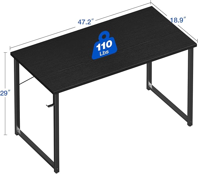 ODK 48 Inches Computer Desk for Small Spaces, Study Table for Home Office, Writing Desk with Headphone Hooks, Black