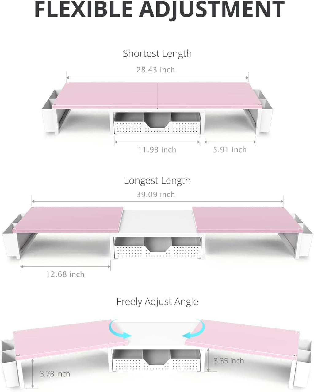 OPNICE Wood Desk Organizers and Accessories, Dual Monitor Stand Riser with Drawer and 2 Pen Holders, Desk Shelf Computer Racks for Office Workspace Organizers, Desktop Organization (Pink＆ White)