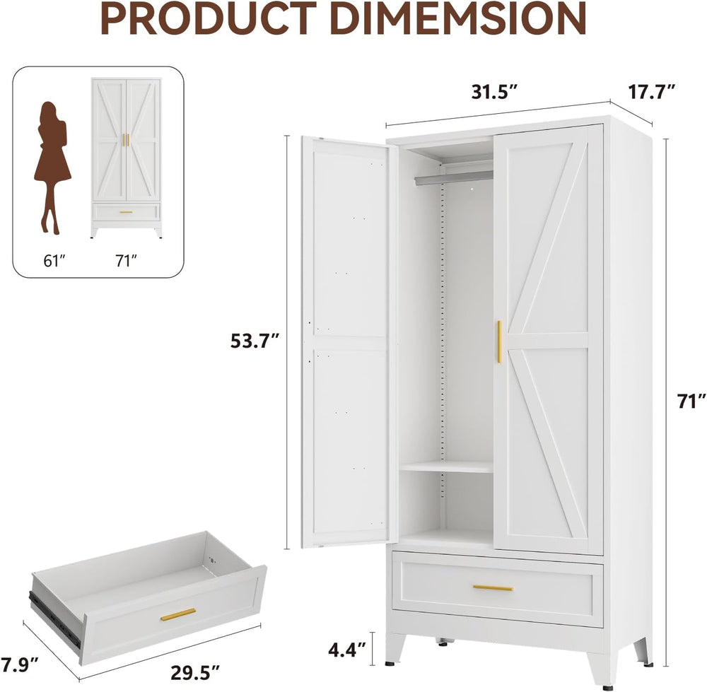 Metal Wardrobe Closet Hanging Rod 71" Tall, Heavy Duty Steel Armoire War...