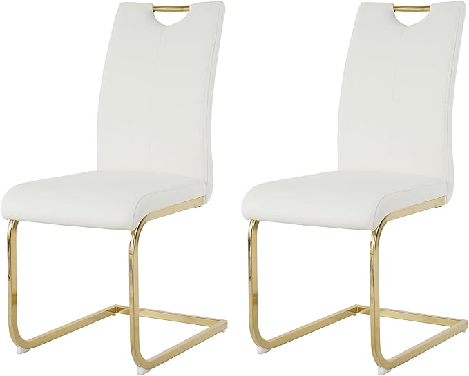 Goujxcy Dining Chairs Set of 2, Modern High Back Kitchen Chairs with Metal Legs and Faux Leather Padded Seat Upholstered Dining Chairs for Dining & Kitchen,Living Room (White&Gold, Set of 2)