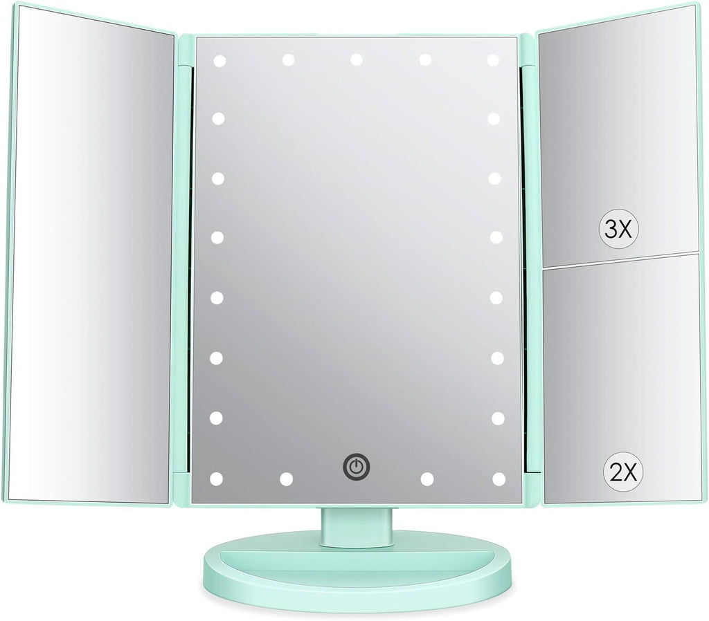 deweisn Tri-Fold Lighted Vanity Tabletop Mount Mirror with 21 LED Lights, Touch Screen and 3X/2X/1X Magnification, Two Power Supply Mode Make up Mirror,Travel Mirror