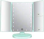 deweisn Tri-Fold Lighted Vanity Tabletop Mount Mirror with 21 LED Lights, Touch Screen and 3X/2X/1X Magnification, Two Power Supply Mode Make up Mirror,Travel Mirror