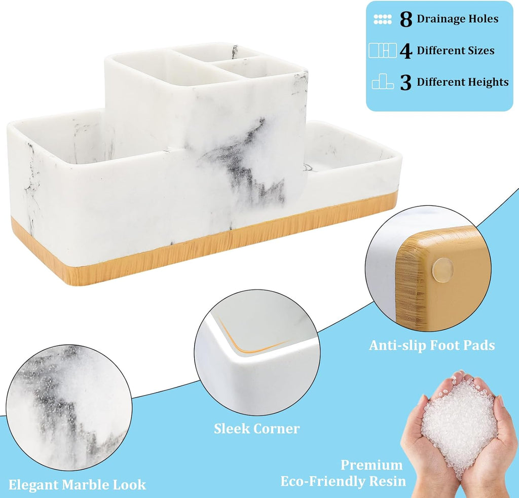 Toothbrush Holder for Bathrooms, Bathroom Organizer Countertop, Rectangle 5 Compartment Bathroom Accessories Storage for Toothpaste/Shaver and Other Items,White Resin of Marble Color (White)