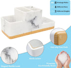 Toothbrush Holder for Bathrooms, Bathroom Organizer Countertop, Rectangle 5 Compartment Bathroom Accessories Storage for Toothpaste/Shaver and Other Items,White Resin of Marble Color (White)