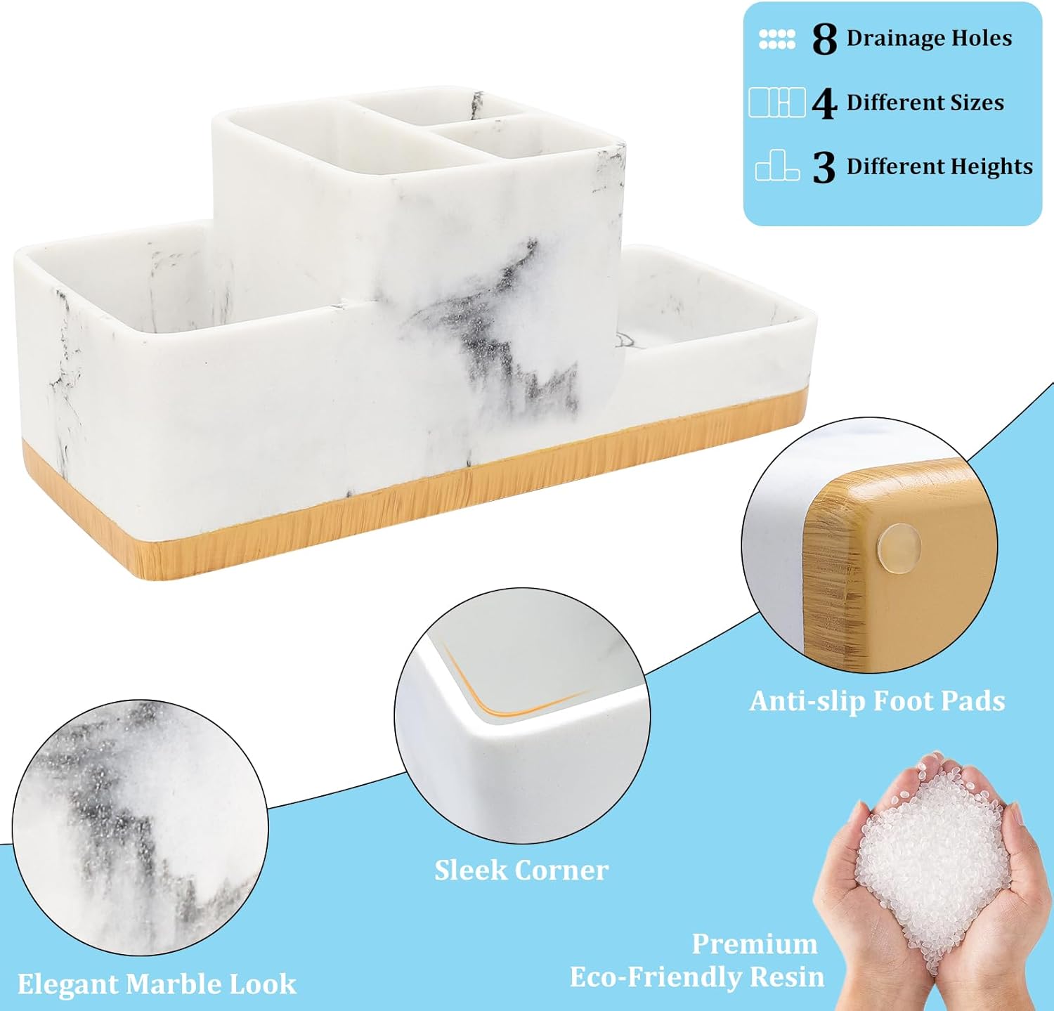 Toothbrush Holder for Bathrooms, Bathroom Organizer Countertop, Rectangle 5 Compartment Bathroom Accessories Storage for Toothpaste/Shaver and Other Items,White Resin of Marble Color (White)