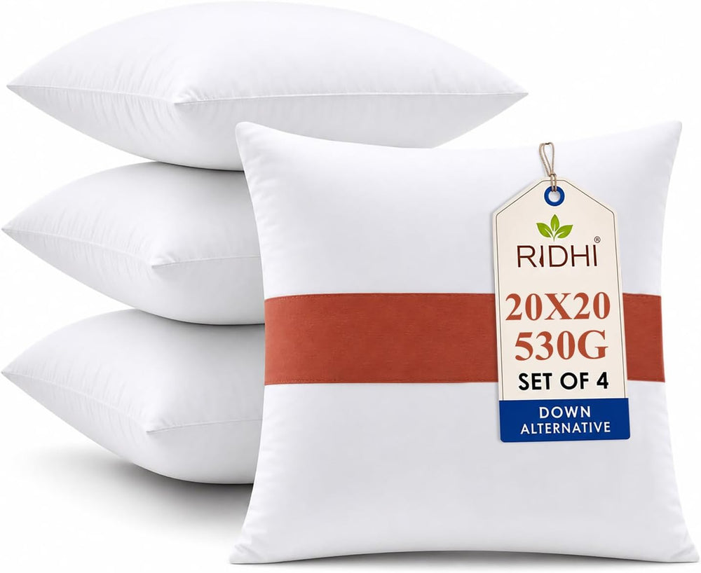 Ridhi White Throw Pillow Inserts, 20x20 Inch, Pack of 4, Down Alternative
