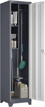 Metal Broom Storage Cabinets, Narrow Cabinet with Hooks, 65" Slim Bathroom Storage Cabinet with Shelves, Heavy-Duty Cleaning Cabinets for Utility Room, Gym, Office, Garage