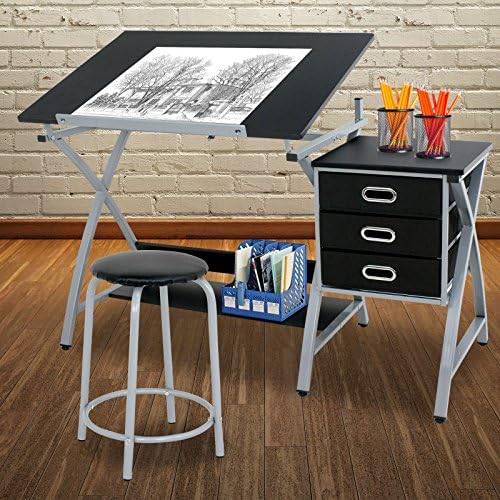 JupiterForce Drafting Table with Tiltable Tabletop and Stool, 3 Storage Drawe...