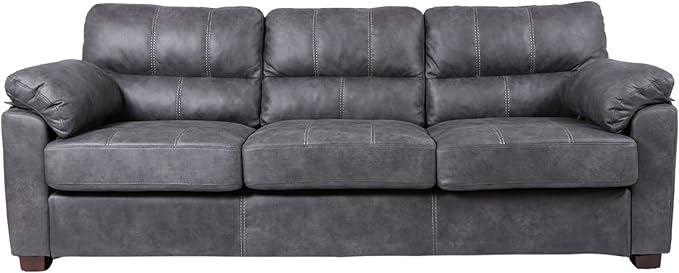 80 Inch Dark Grey Faux Leather Sofa Couch - Wide Armrests with 2 Pillows, Deep Seats, Contrast Stitching, 3 Seater Leather Couches for Living Room, Bedroom, Apartment
