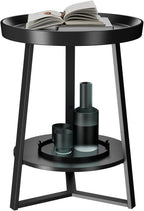 Gadroad Round End Table with Storage Shelf, 2 Tier Farmhouse Side Table Nightstand for Living Room, Bedroom, Wood Tabletop & Black Metal Frame, Black 15.7 * 15.7 * 23.0inches