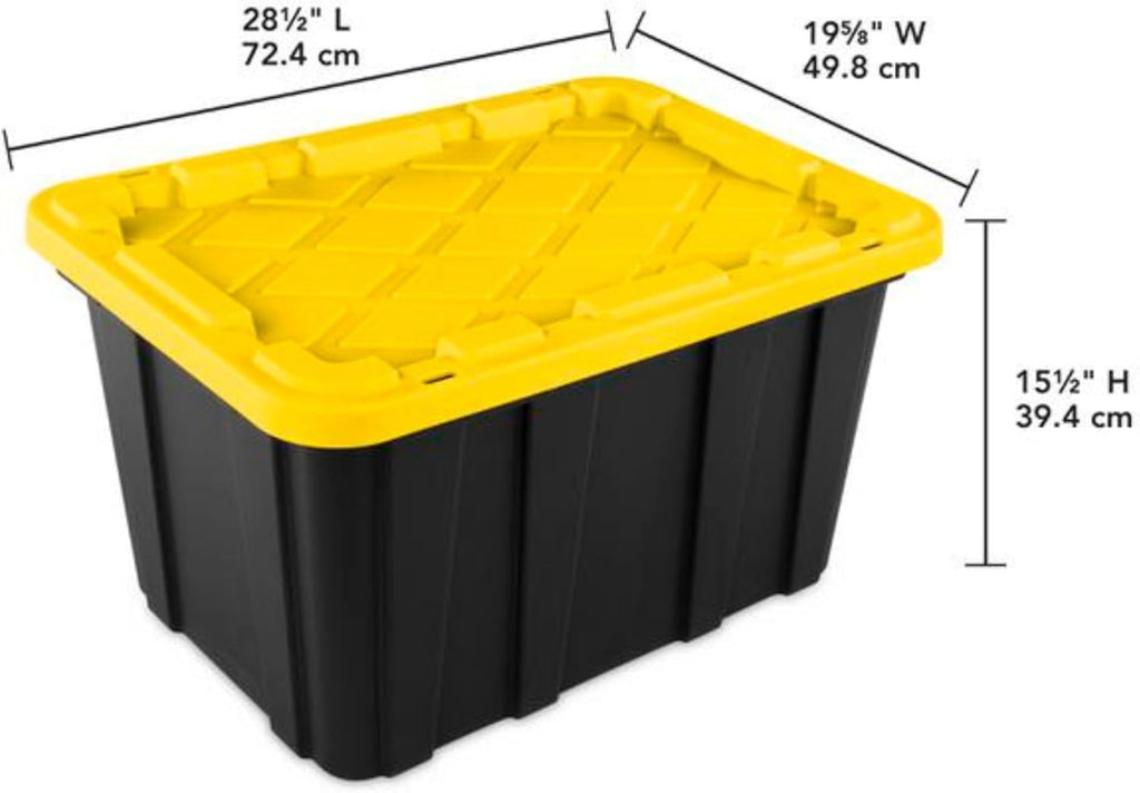 Sterilite Industrial Storage Tote with Lids for Garage, 27 Gallon, 4-Pack | Heavy-Duty and Stackable Utility Box Containers for Home, Office, and Basement Organization, Black/Yellow