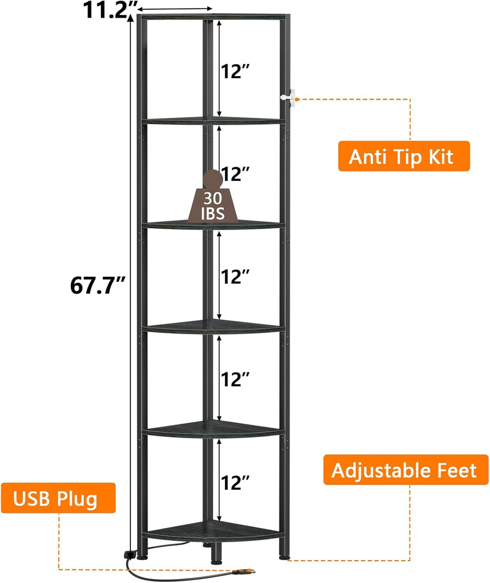 Furnulem 6 Tier Corner Shelf with LED Light, 67.5" Black Narrow Bookshel...