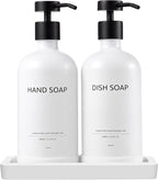 Glass Kitchen Soap Dispenser Set with Ceramic Tray,16.9 floz Hand and Dish Soap Dispenser for Kitchen and Bathroom Decor (White Bottles + Black Pumps)