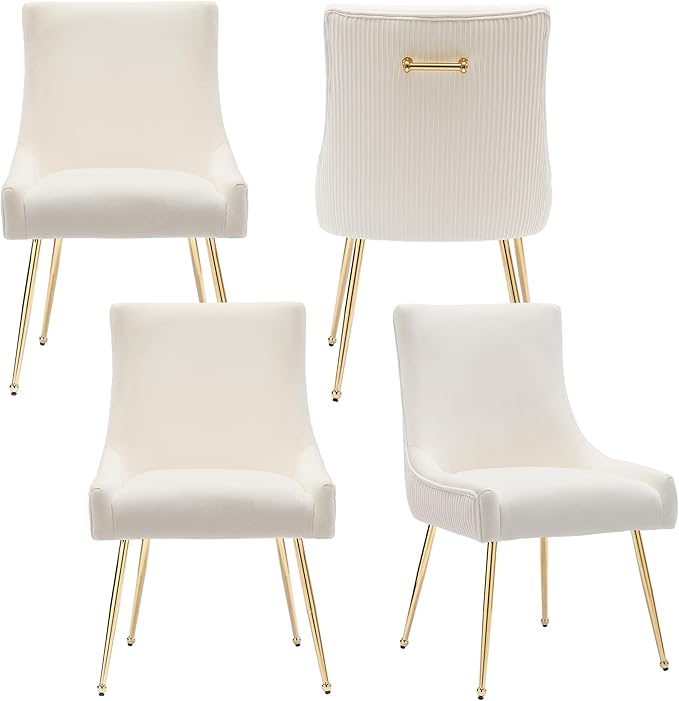 Velvet Dining Chairs Set of 4, Modern Upholstered Kitchen Chair with Pull Handle & Pleated Back, Mid Century Accent Chair with Gold Metal Legs for Vanity,Dining,Kitchen,Living Room, Beige