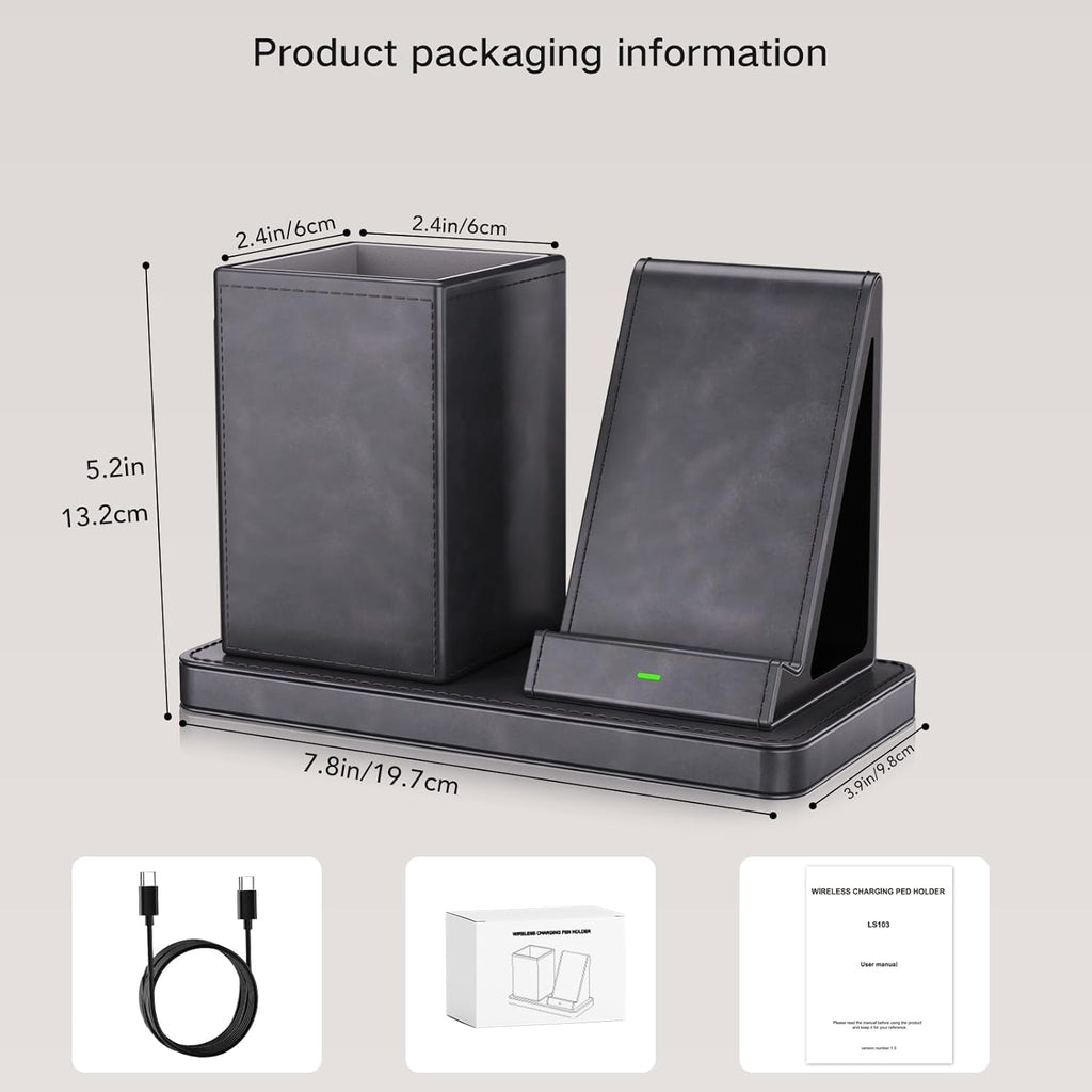 Multi-Functional Pencil Holder for Desk,Gray Vegan Leather Organizers with Remote Control Holder,Pencil Holder,Desk Organizer with Phone Wireless Charger for Office/Nightstand/Endtable
