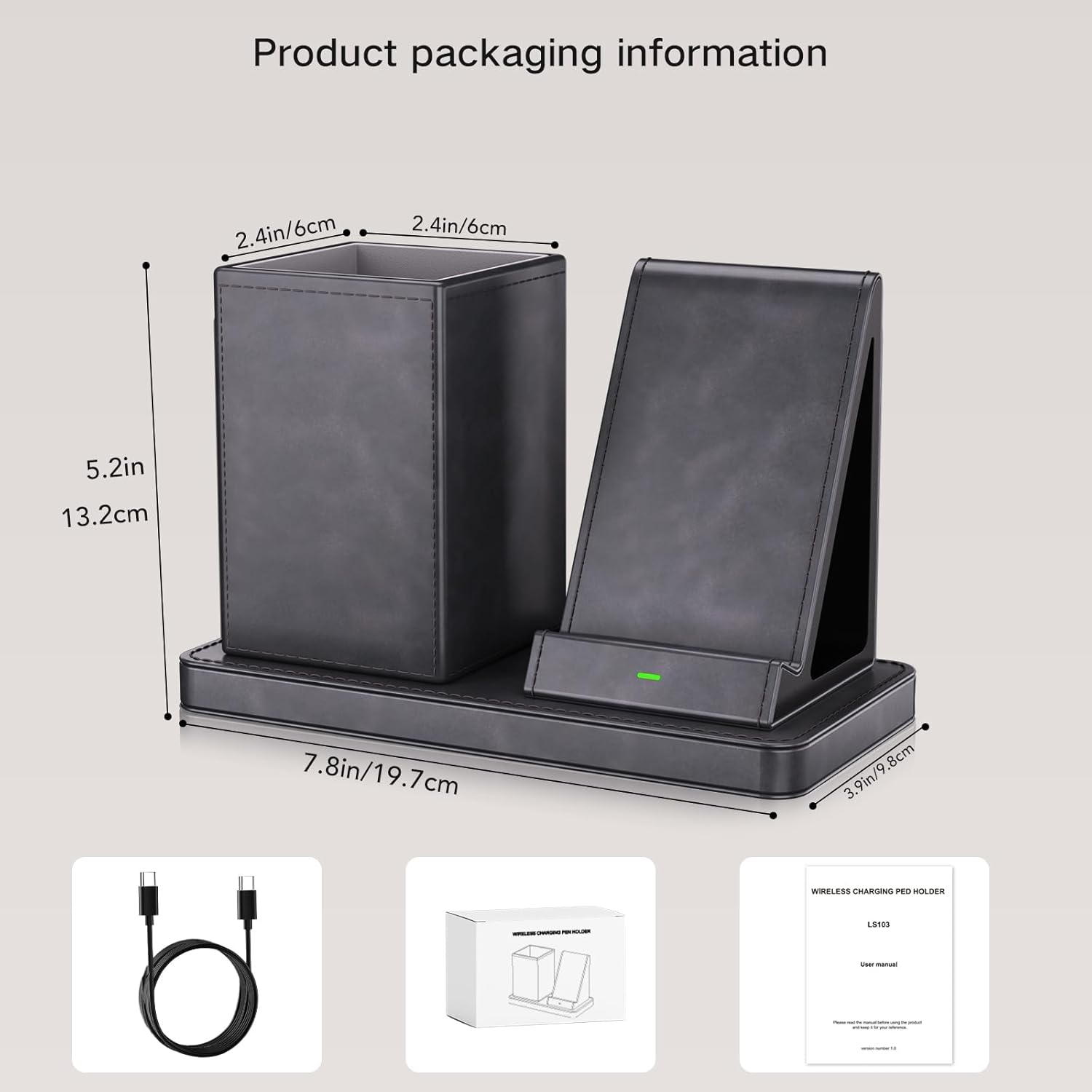Multi-Functional Pencil Holder for Desk,Gray Vegan Leather Organizers with Remote Control Holder,Pencil Holder,Desk Organizer with Phone Wireless Charger for Office/Nightstand/Endtable
