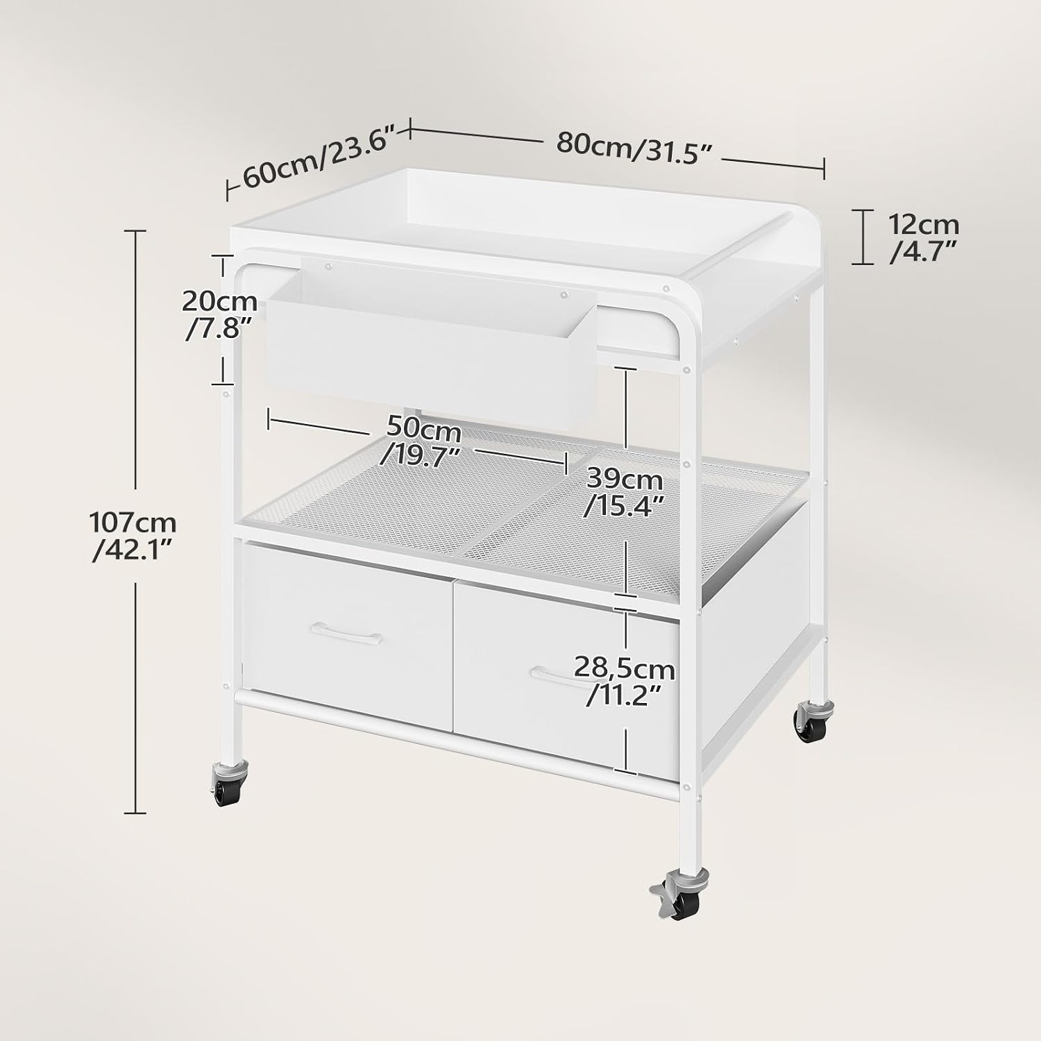 MAHANCRIS Kitchen Island with Storage, 3-Tier Microwave Stand with Wheels | Kitchen Rolling Cart, Kitchen Utility Storage Cart for Coffee Bar, Laundry Room, Office, 31.5 x 23.6 x 42.1 Inches, White