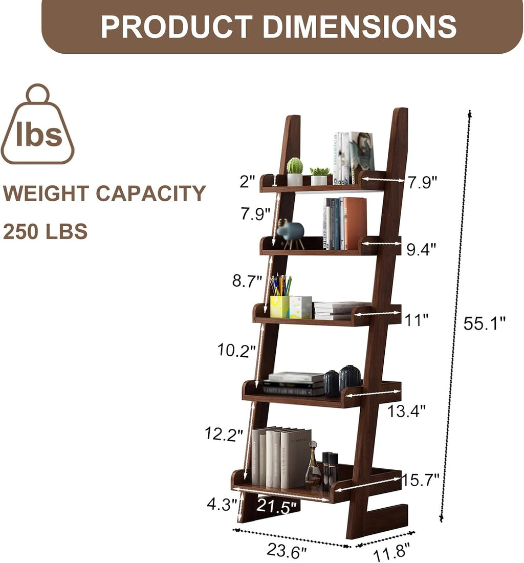 5-Tier Ladder Shelf Bookcase, Walnut Wooden Leaning Bookshelf | H 55.1" Ladder Bookshelf Space-Saving, Freestanding Storage Rack, Plant Ladder indoor for Living Room, Home Office, Bedroom