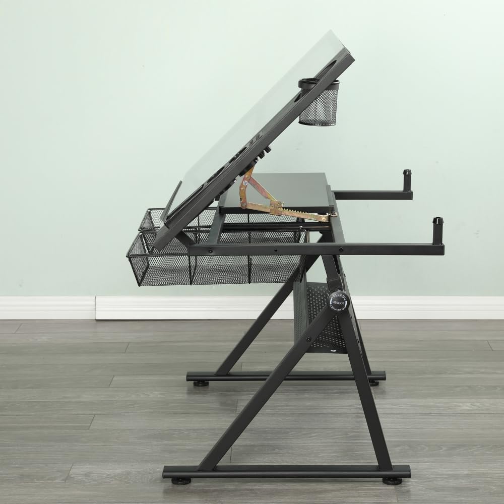 Height Adjustable Drafting Table with 0-70° Tilting Glass Top, Black | 27.2-3...