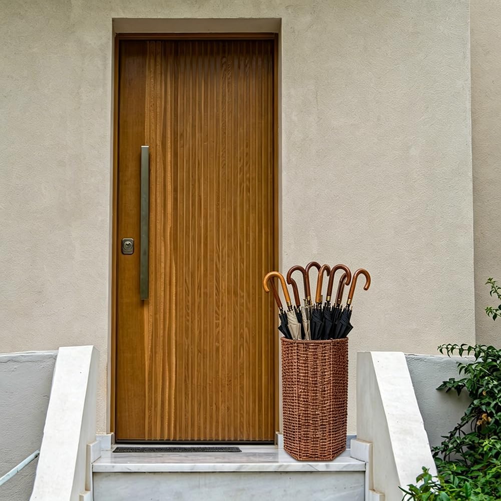 UNICRAFTALE 1pc Brown Handmade Wicker Umbrella Stand Hexagonal Woven Rattan Umbrella Holder with Storage Basket for Entryway and Bathroom 15.5x8.5x7.5 Inch