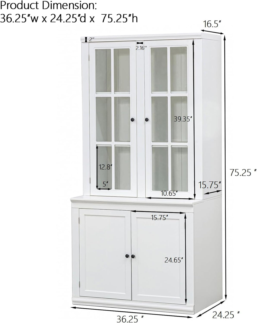 Virubi 75'' Tall China Hutch Cabinet with Glass Doors, Kitchen Pantry...