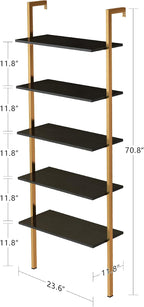 5-Tier Ladder Shelf Wall Mount, Wall Bookcase with 5 Open Shelves for Living Room Bedroom, Narrow Ladder Shelf for Small Spaces, Sturdy Metal Frame Bookshelf for Home Office and Collectors