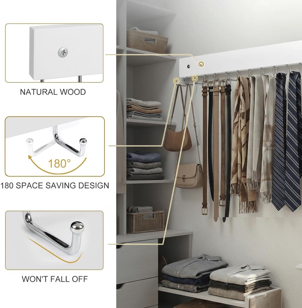 Wall Mounted Tie & Belt Rack Organizer - 2 Pack, 28 Hooks Hold 40 Ties & 40 Belts, 180° Rotating Space Saving Design, Sturdy Wood Decorative Wall Storage (White)