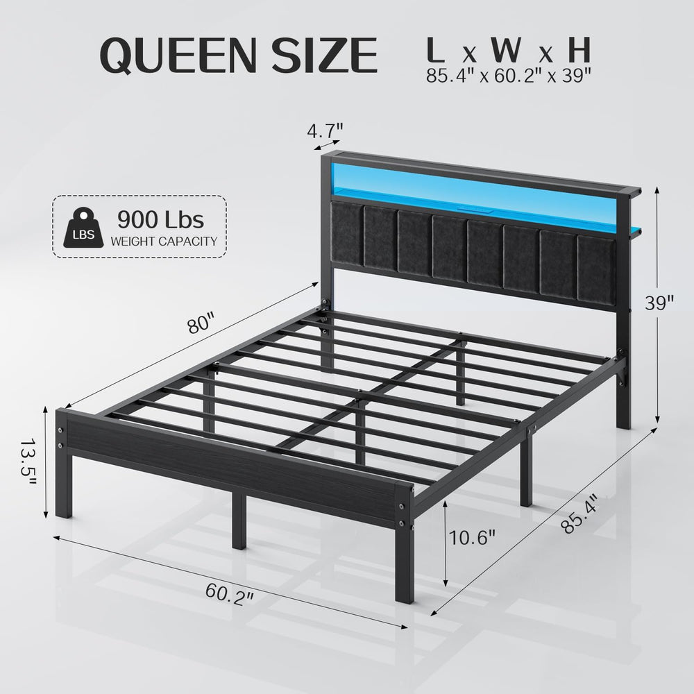 OLEVS Queen Size Bed Frame with LED Lights & Charging Station, Modern Pla...