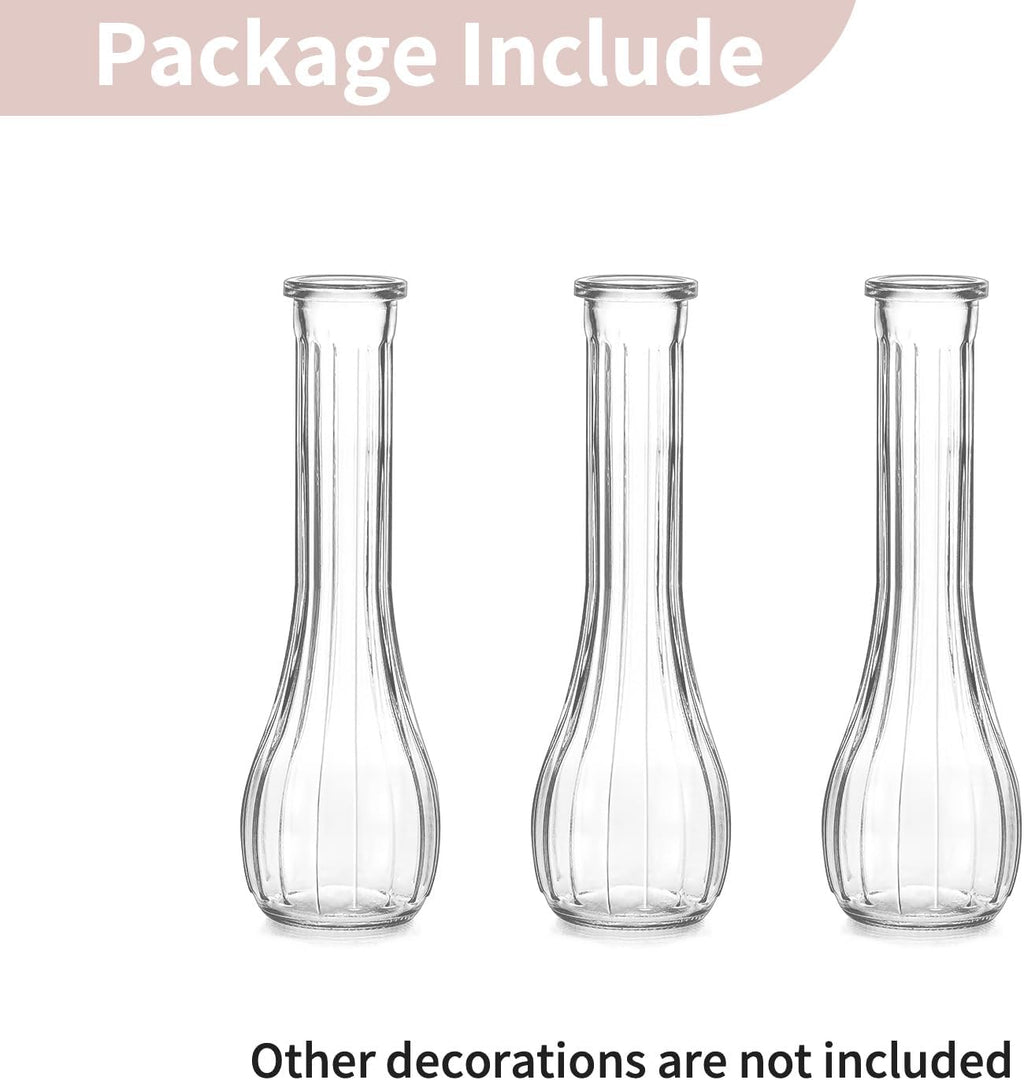 NUPTIO Glass Bud Vases Centerpiece Bulk, 8.5" Tall, Clear, Set of 3 | Cute Ribbed Flower Vase, for Wedding, Birthday, Party, Events, Home, Table Decor