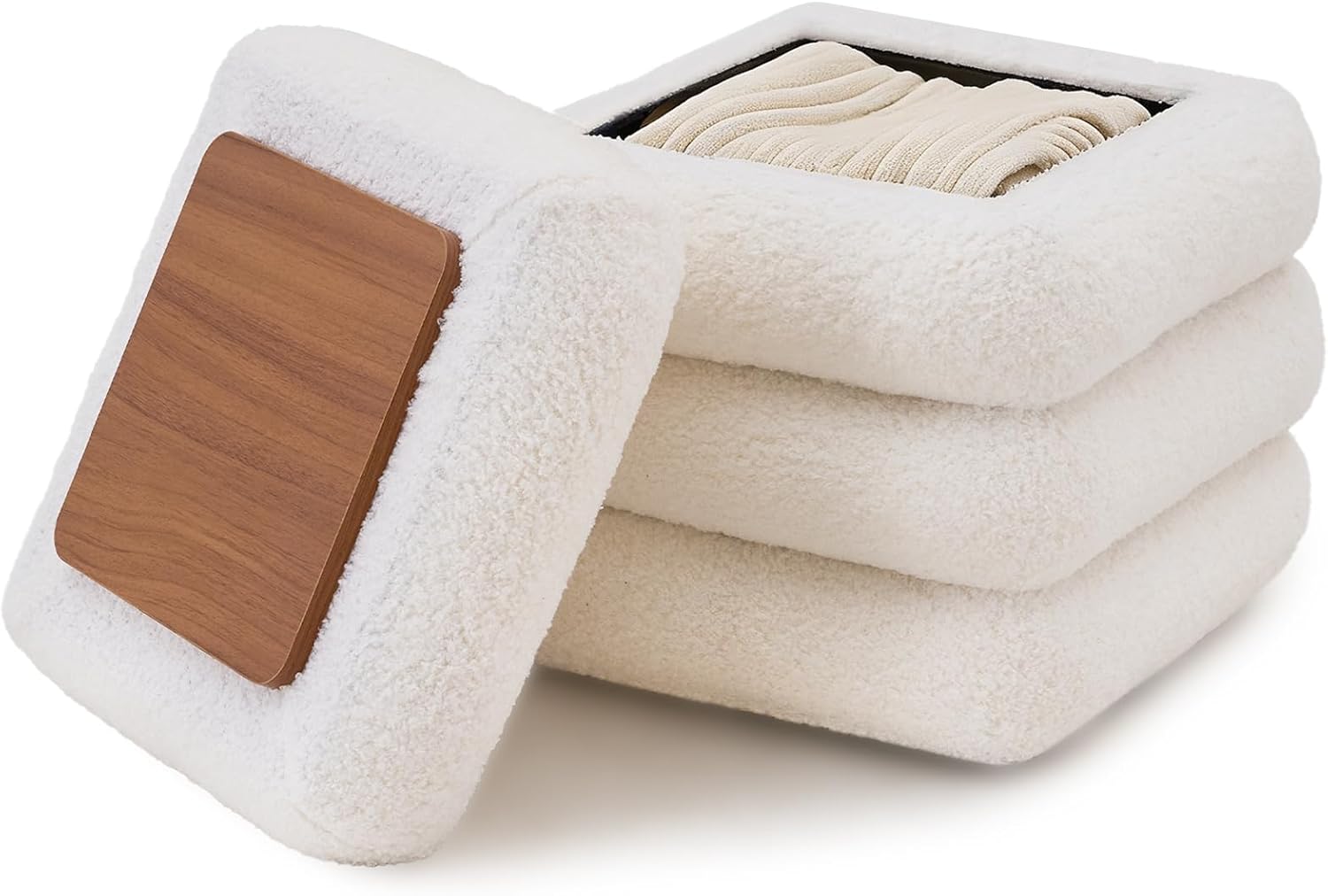 Wimarsbon Square Storage Ottoman, Modern Sherpa Footstool, Teddy Vanity Stool with Flip-Top Tray, Makeup Chair for Home Decor, Upholstered Footrest for Living Room & Bedroom (16inch Square)