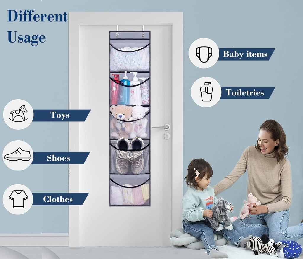 Hanging Shelves Over the Door Organizer Storage for Closet with 5 Pockets Organizer for Bedroom Bathroom, 2 Pack（Grey）