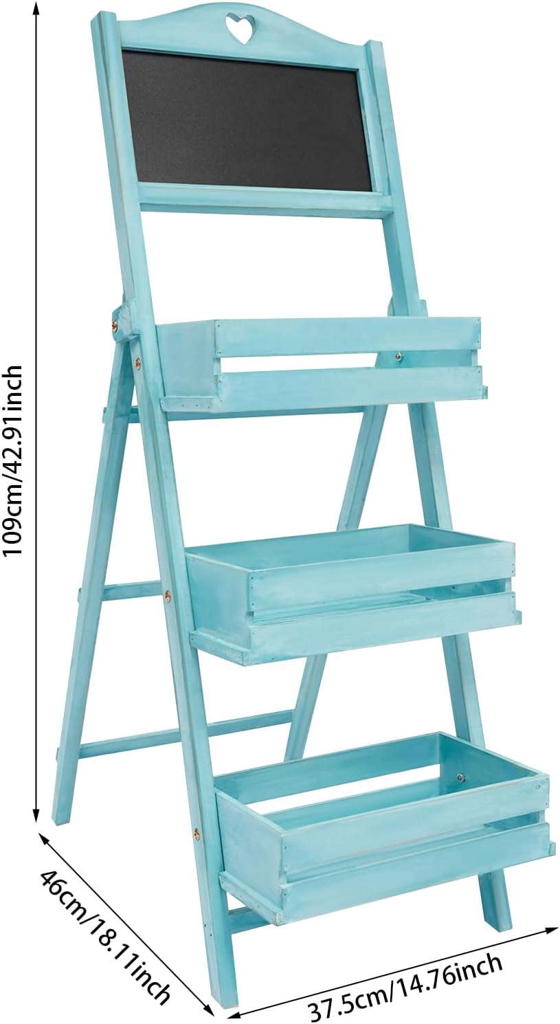 Plant Stand with Chalkboard, 3-Tier Freestanding Ladder Shelf for Indoor and Outdoor Use, Wood Rack for Living Room and Balcony, Space-Saving Design