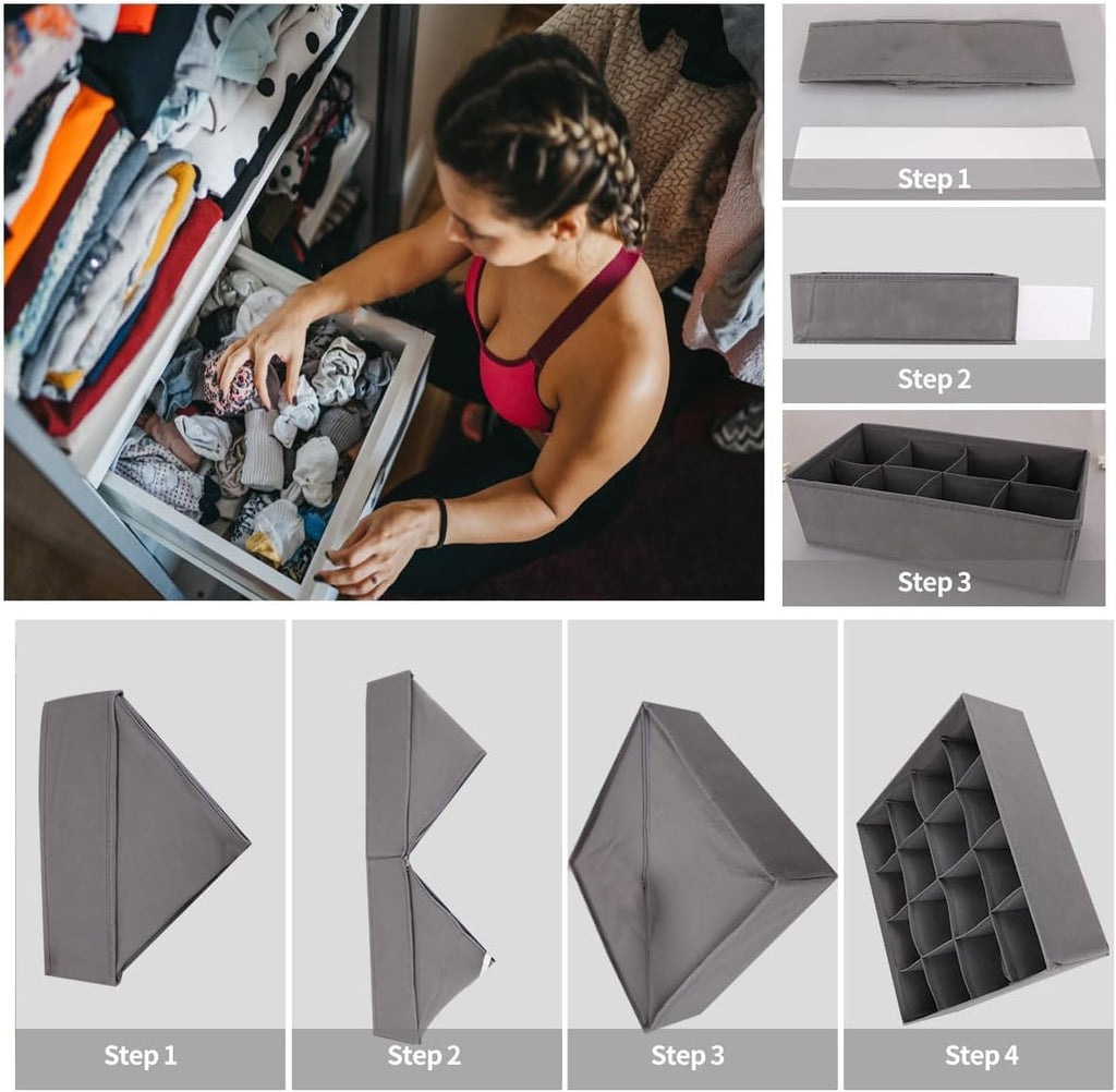 Lourome Underwear Drawer Organizer, 10-Pack, for Socks, Bras, Tie, Grey | Fits Standard 13"+ Dressers, 110 Compartments, Storage Bins for Bedroom, Closet & Bathroom