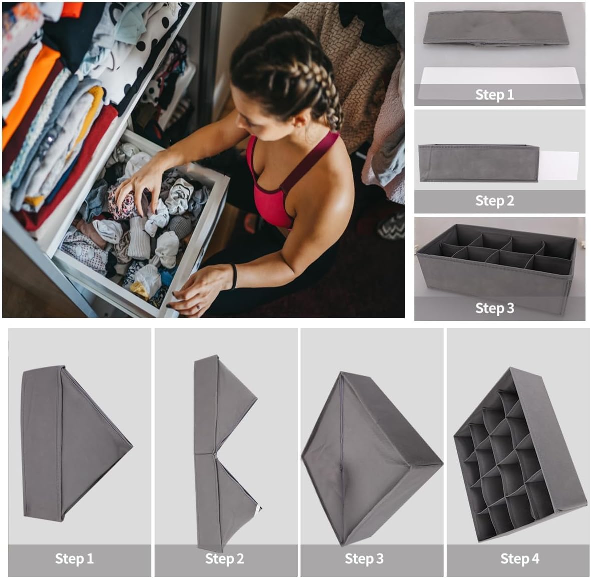 Lourome Underwear Drawer Organizer, 10-Pack, for Socks, Bras, Tie, Grey | Fits Standard 13"+ Dressers, 110 Compartments, Storage Bins for Bedroom, Closet & Bathroom