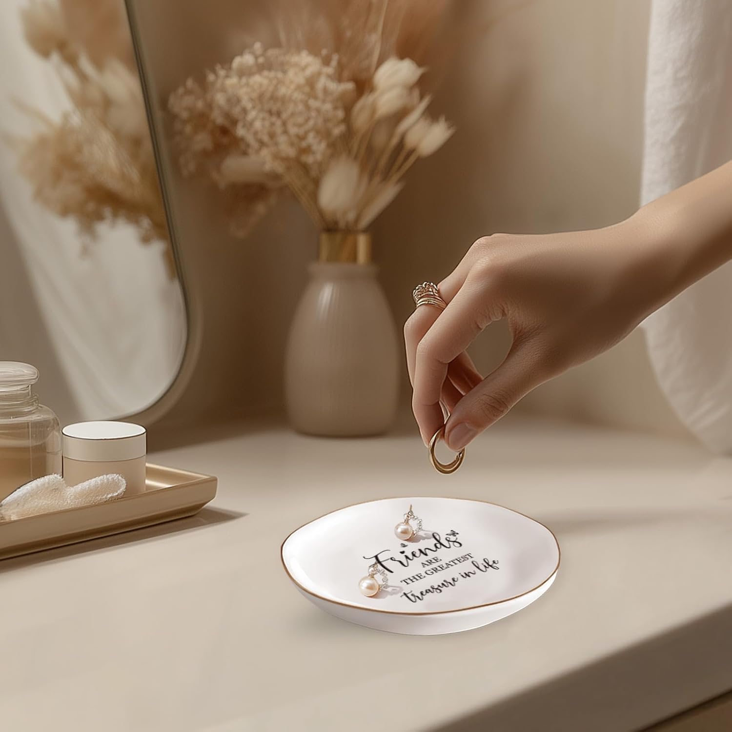 Friend Birthday Gifts for Women – Ceramics Jewelry Tray | Friends are The Greatest Treasure in Life – Friendship Gifts for Women, Friend Gift – Ceramic Ring Dish