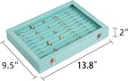 Frebeauty Rings/Earrings Organizer Tray with Clear Lid 10 Slots Velvet Drawer Insert Jewelry Storage box Transparent Glass lid Jewelry Display Case Showcase Gift for Girls Women (Turquoise, 10 Slots)