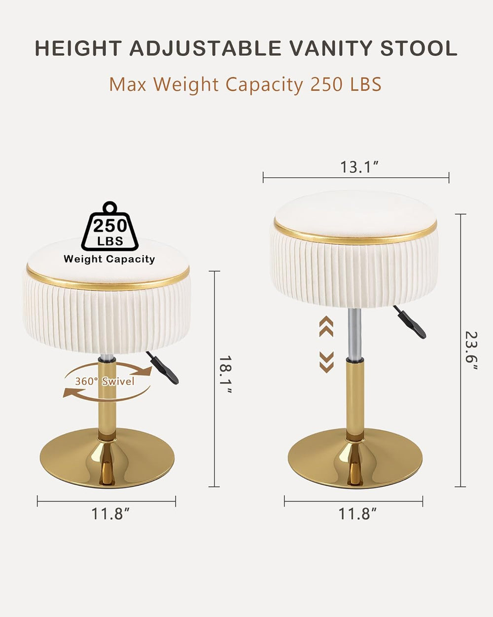 LITZFUR Adjustable Vanity Stool with Storage, 360° Swivel Gold Chair, Velvet ...