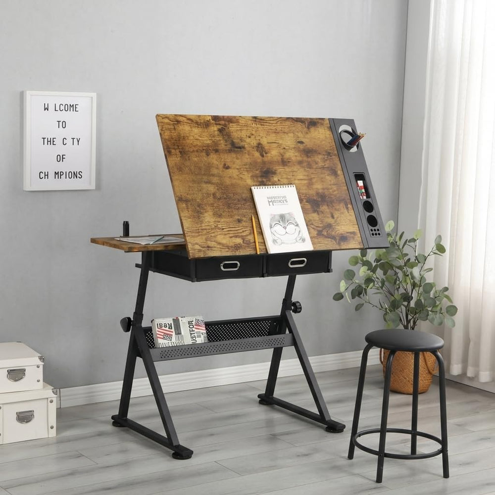 Drafting Table with Storage & Stool: Adjustable Tilting Art Desk, 2 Drawe...