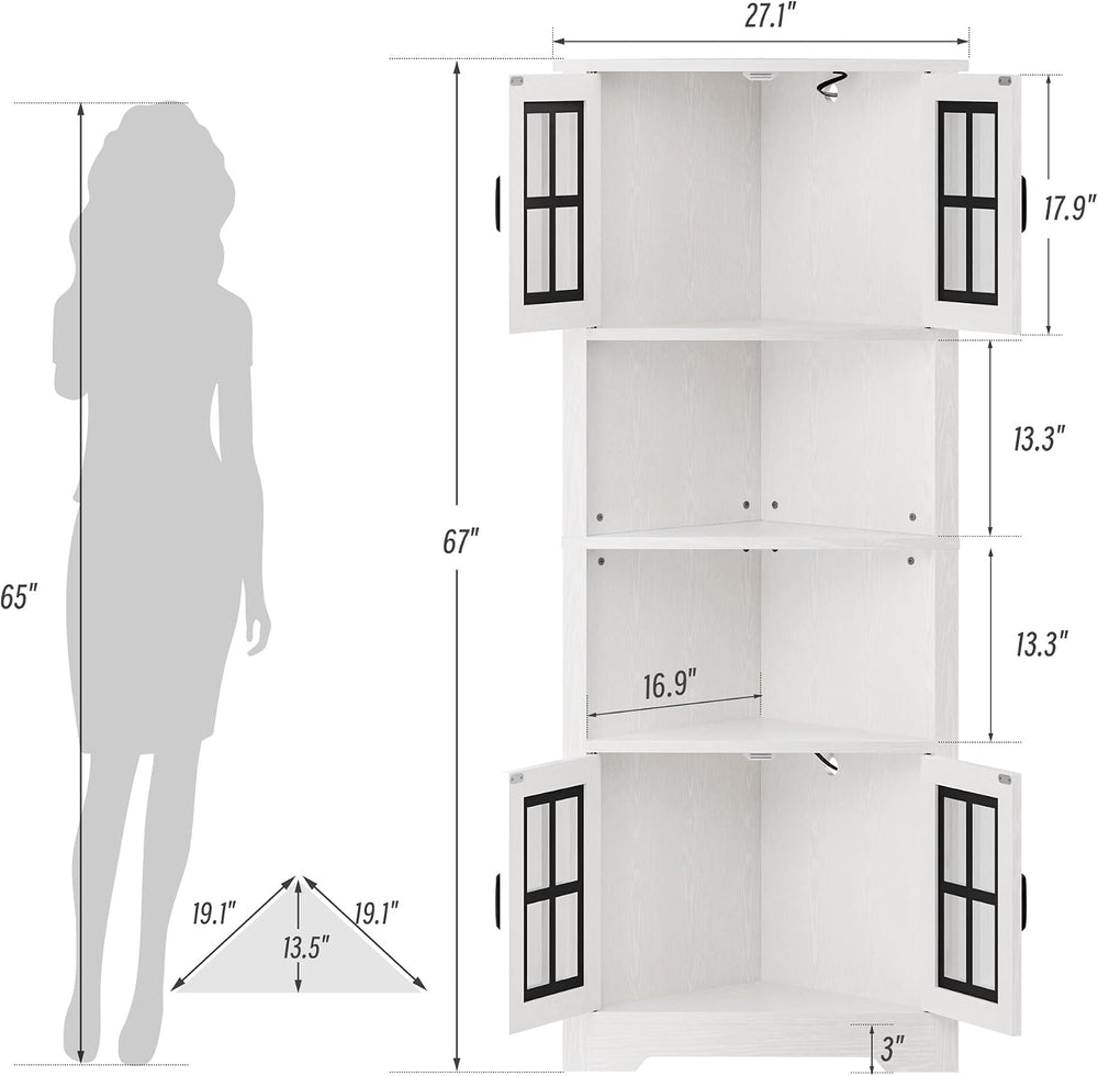 Corner Cabinet with Glass Doors and LED Lights, 67" Tall Corner Pantry C...