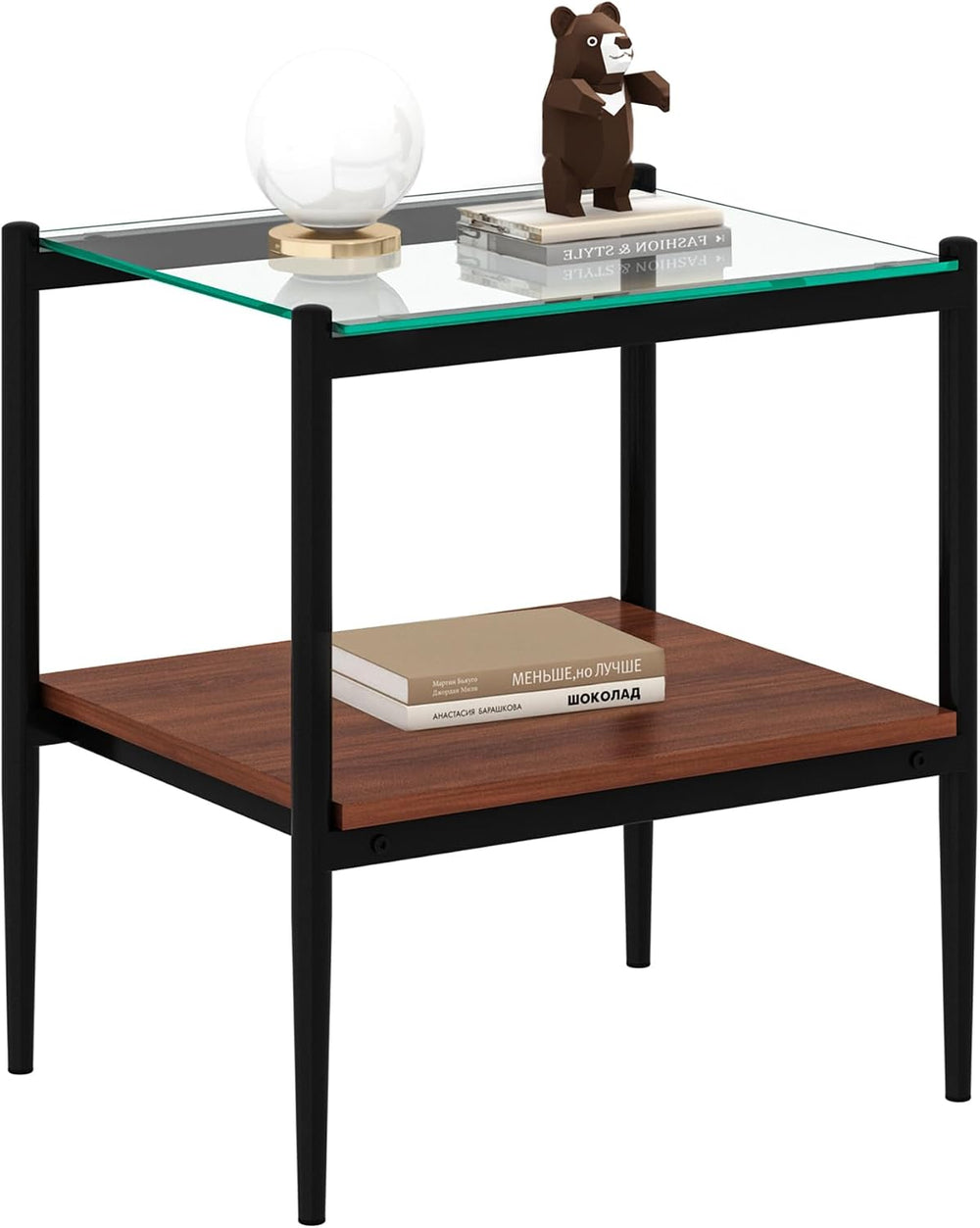 Set of 2 Rectangle End Tables, Tempered Glass Top Nightstands with MDF Shelf,...